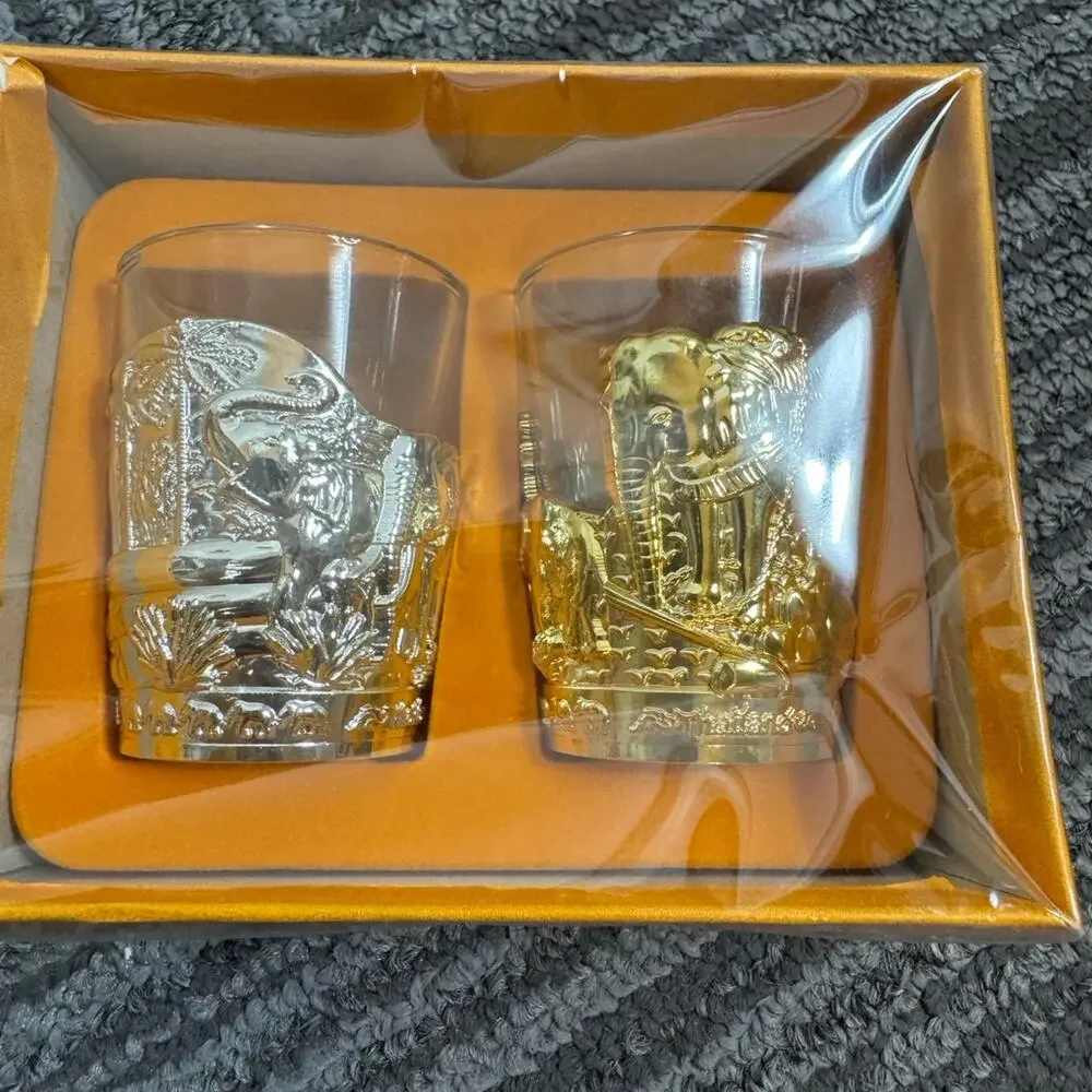 Ornate Elephant Shot Glass Set – Gold & Silver Toned – NIB Collectible Gift